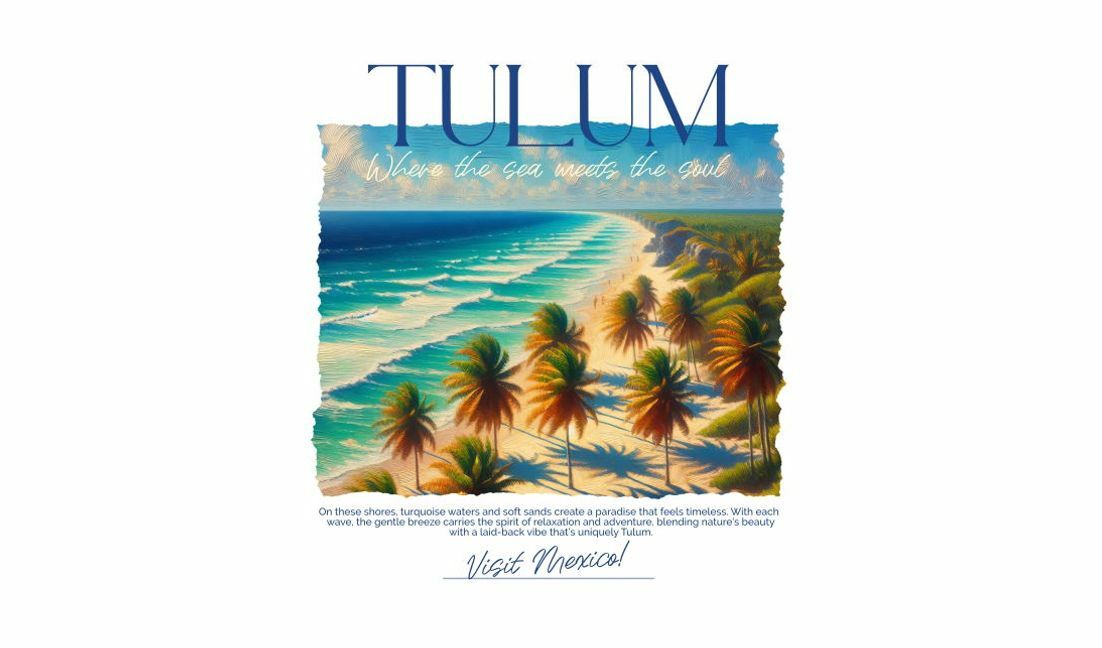 Plantilla de diseño para camiseta Póster de viaje a la paradisíaca playa de Tulum