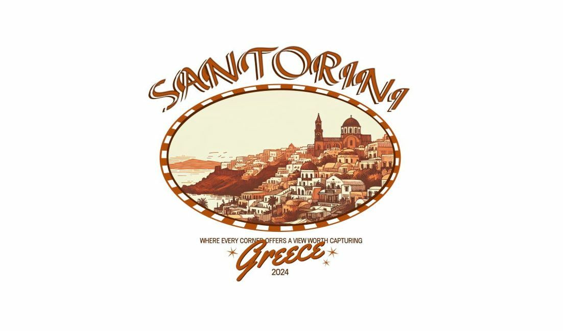 Plantilla de diseño para camiseta Diseño de viaje con encanto a Santorini y cita griega.
