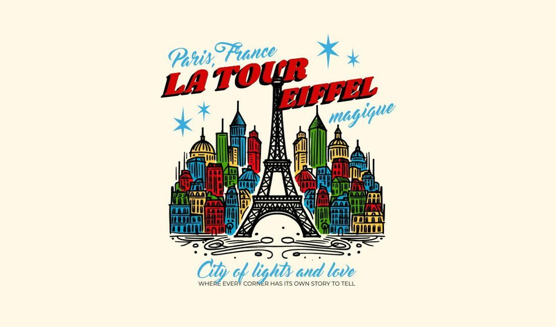 Plantilla de diseño para camiseta Ilustración del paisaje urbano de la Torre Eiffel