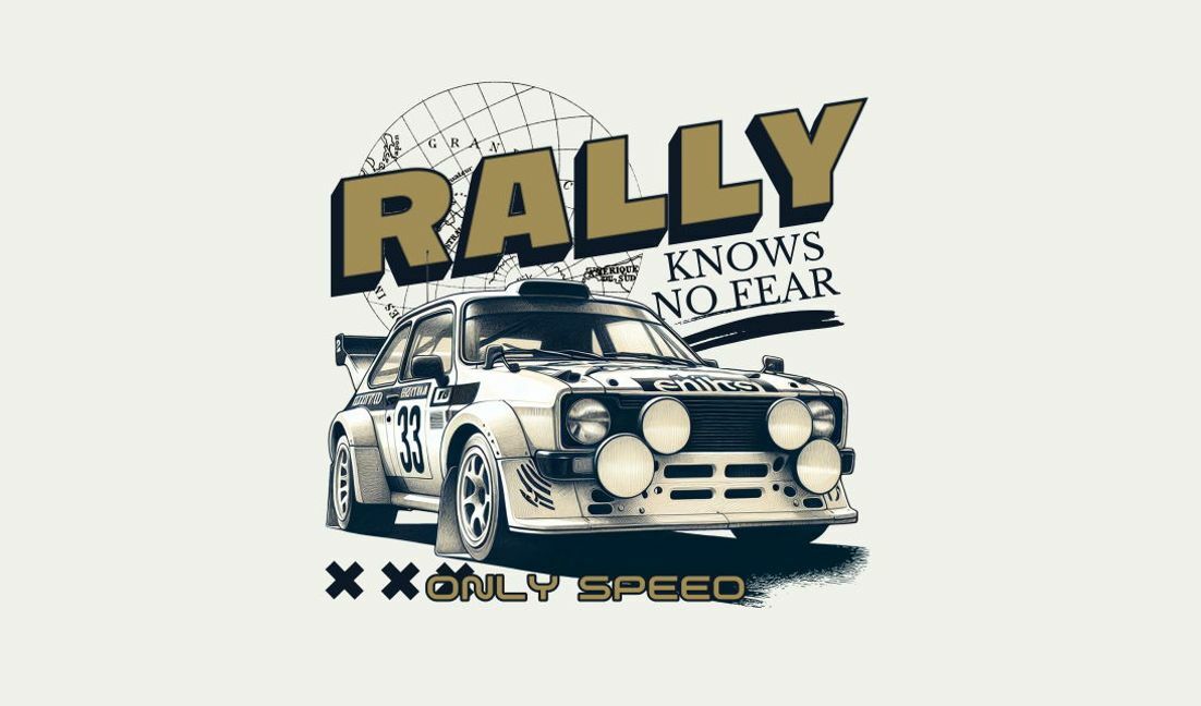 Plantilla de diseño para camiseta Diseño de coche de rally con tipografía atrevida.