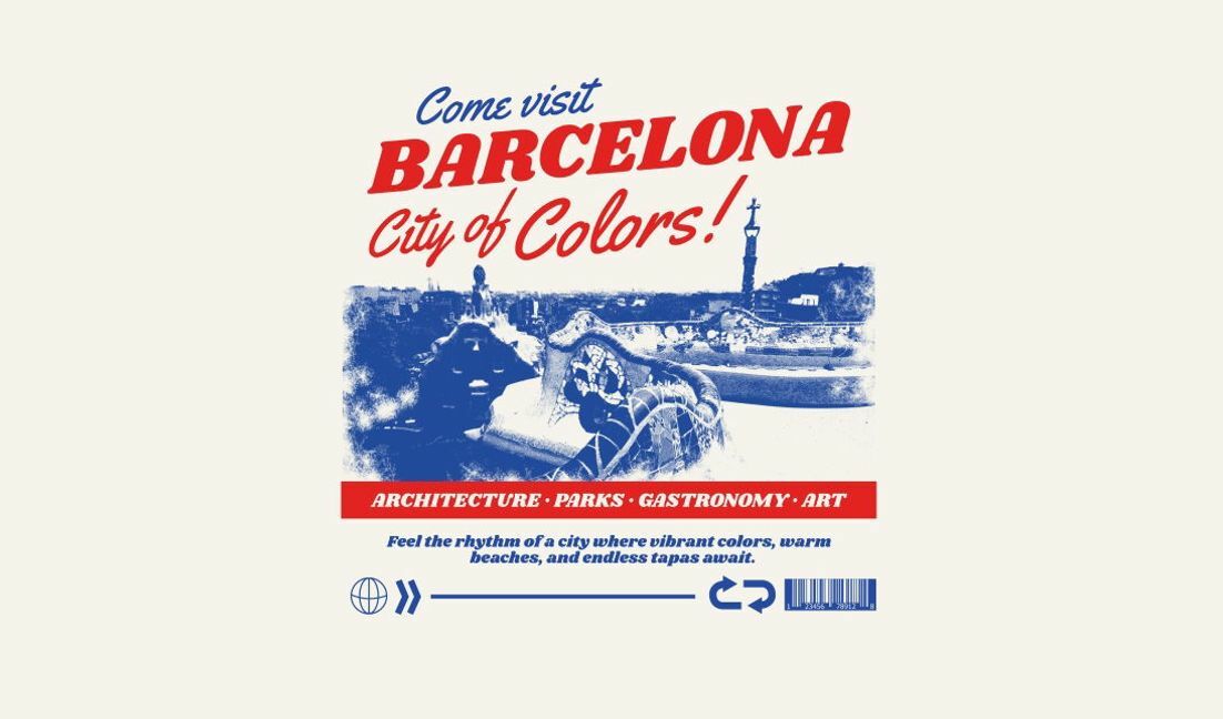 Vintage-Reiseplakat für Barcelona, die Stadt der Farben T-Shirt-Designvorlage