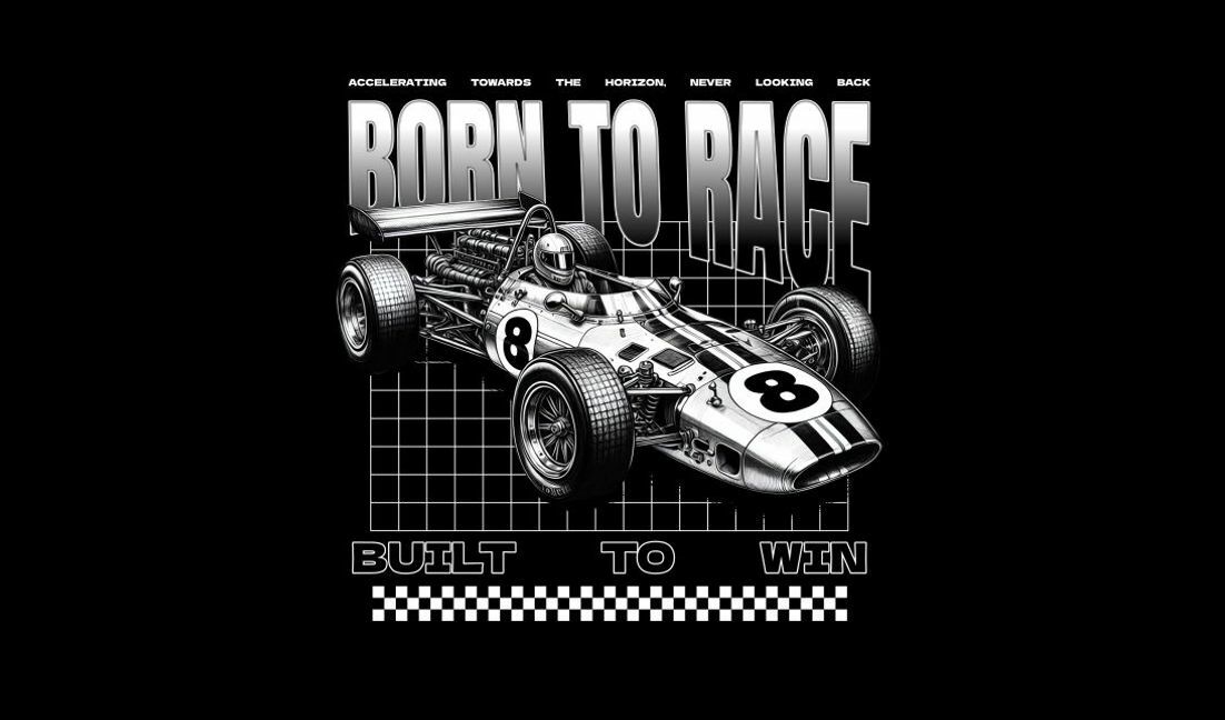 Modelo de design para camiseta Design dinâmico de carro de corrida com citação motivacional