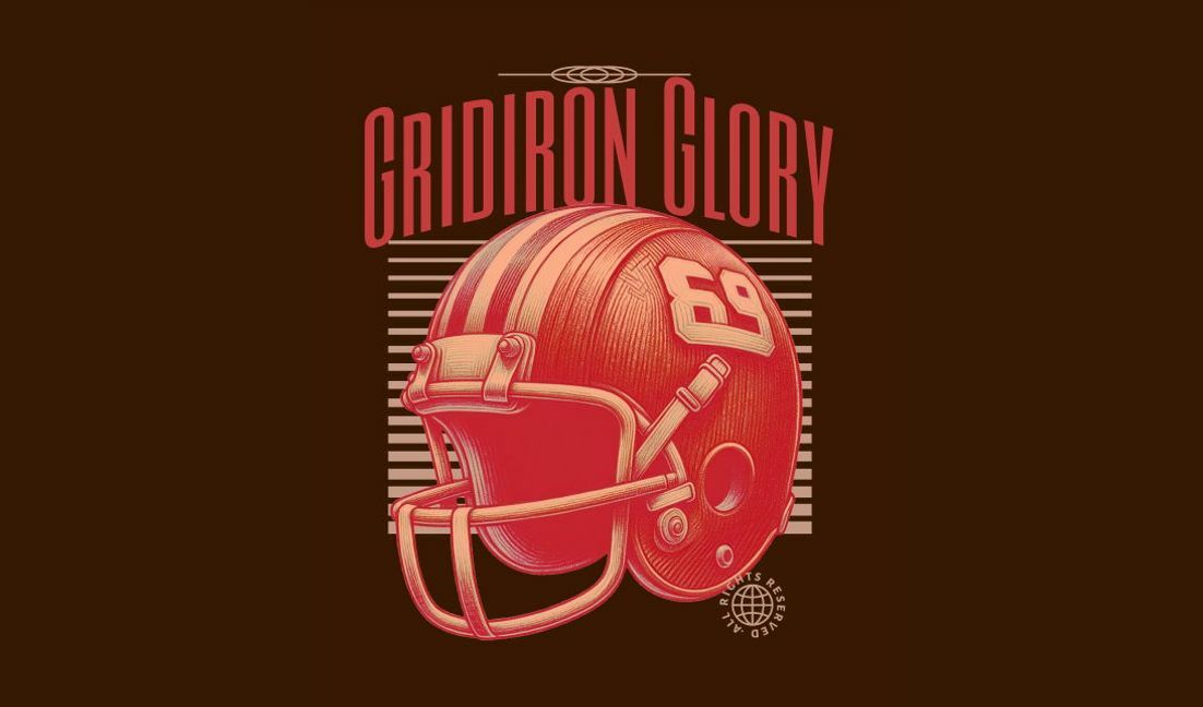 Modelo de design para camiseta Ilustração de capacete de futebol vintage com texto de glória no campo de futebol