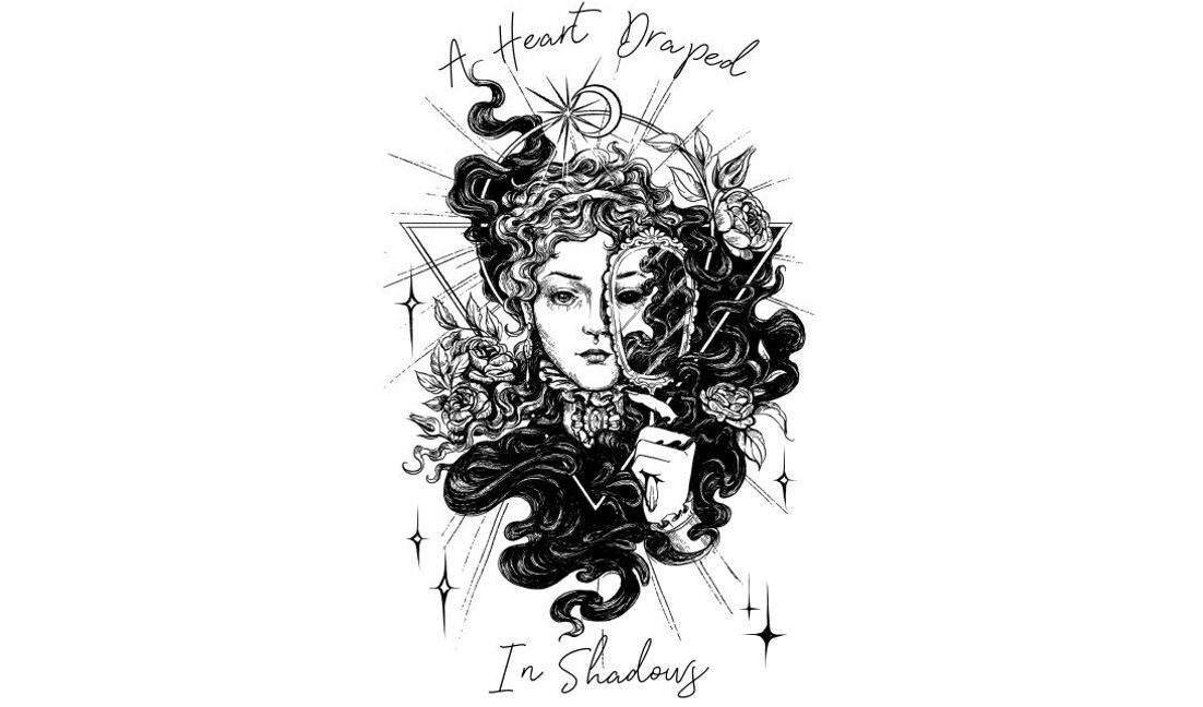 Intricate line art of a heart draped in shadows t-shirt design template