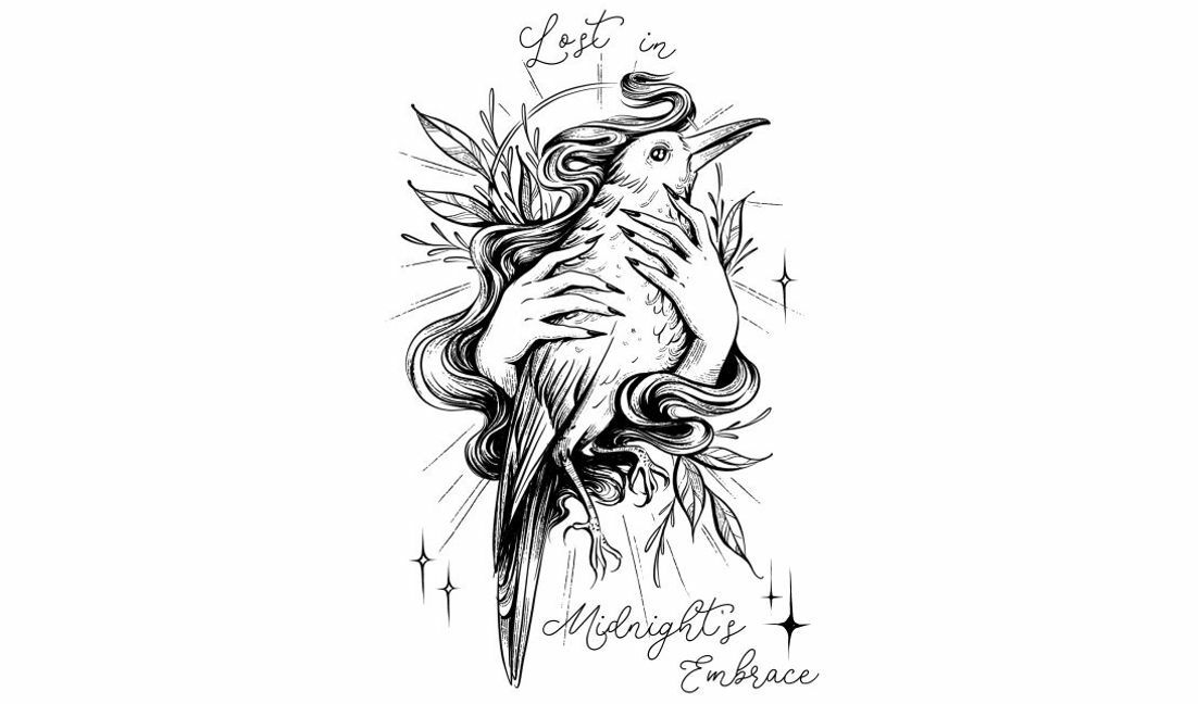 Intricate bird and hand illustration with mystical elements t-shirt design template