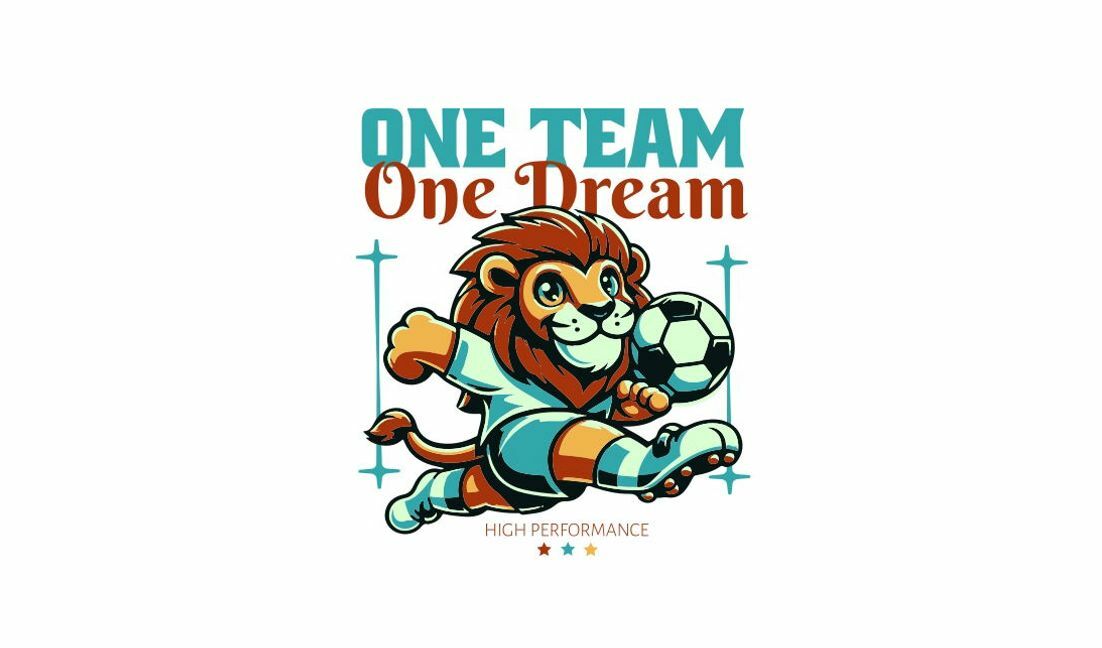 Verspieltes Löwen-Fußball-Design mit motivierendem Zitat T-Shirt-Designvorlage