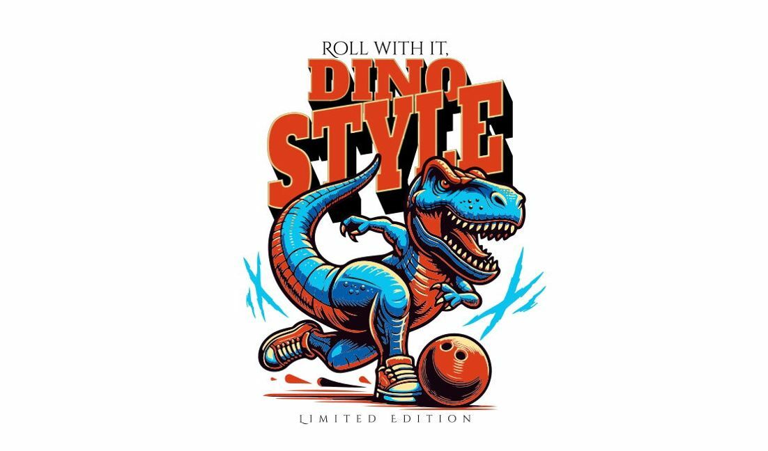Playful dinosaur bowling graphic design t-shirt design template