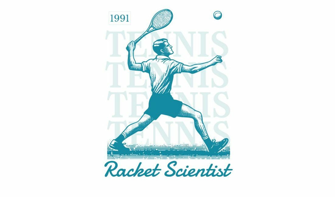Modelo de design para camiseta Ilustração de cientista com raquete de tênis vintage