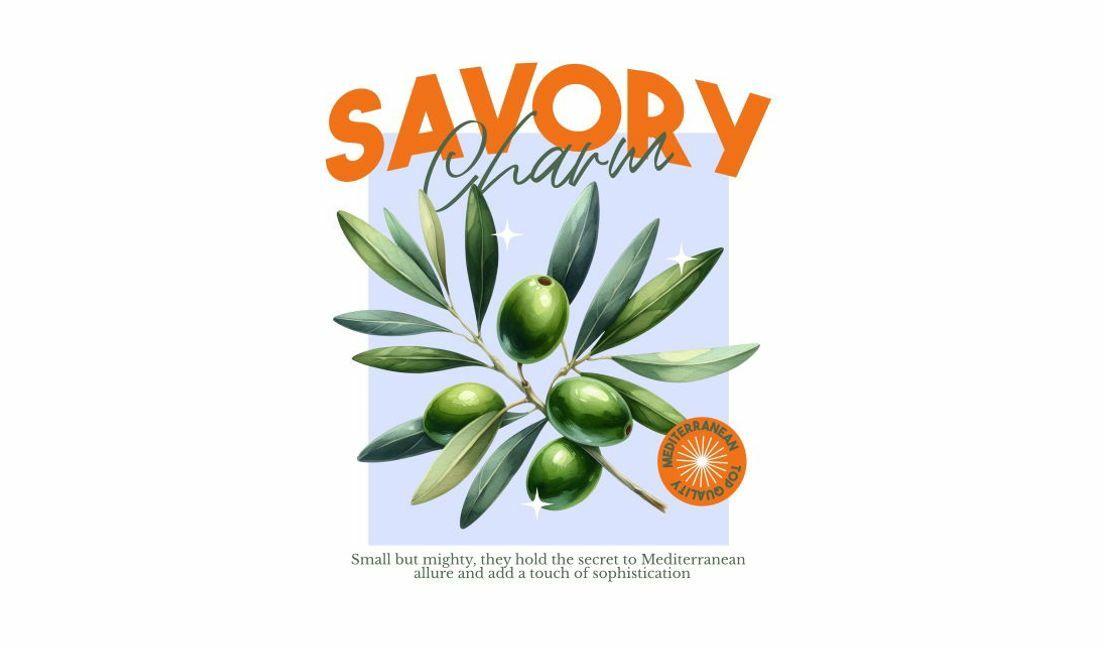 Plantilla de diseño para camiseta Diseño de aceituna con encanto sabroso y encanto mediterráneo