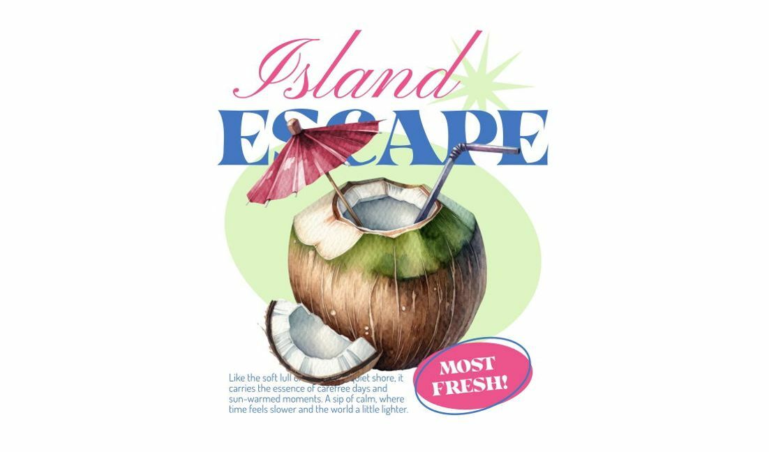 Plantilla de diseño para camiseta Diseño de bebida de coco tropical con tipografía divertida.