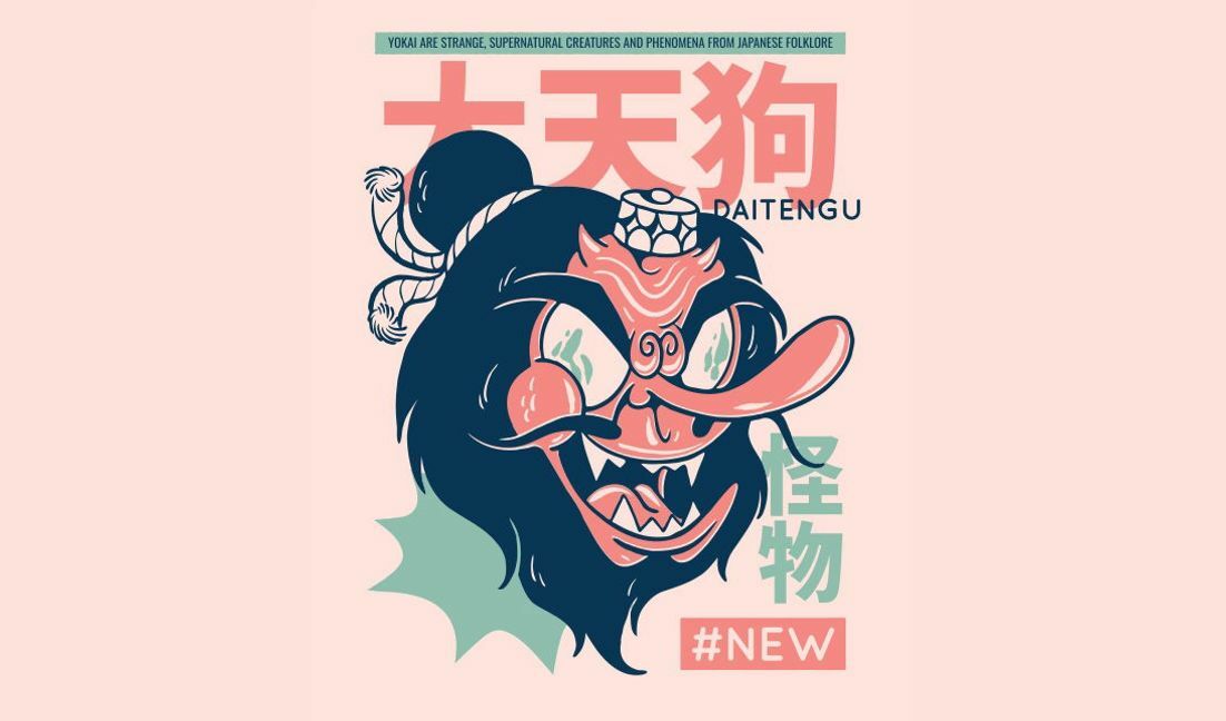 Modelo de design para camiseta Ilustração dinâmica de daitengu yokai