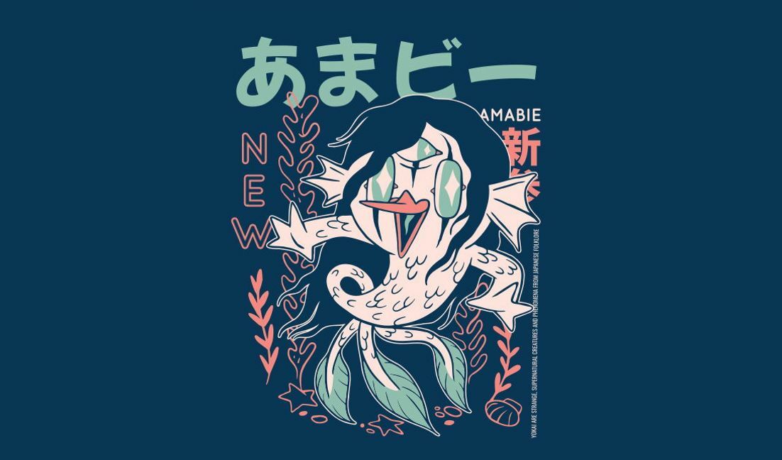 Playful amabie character illustration design t-shirt design template