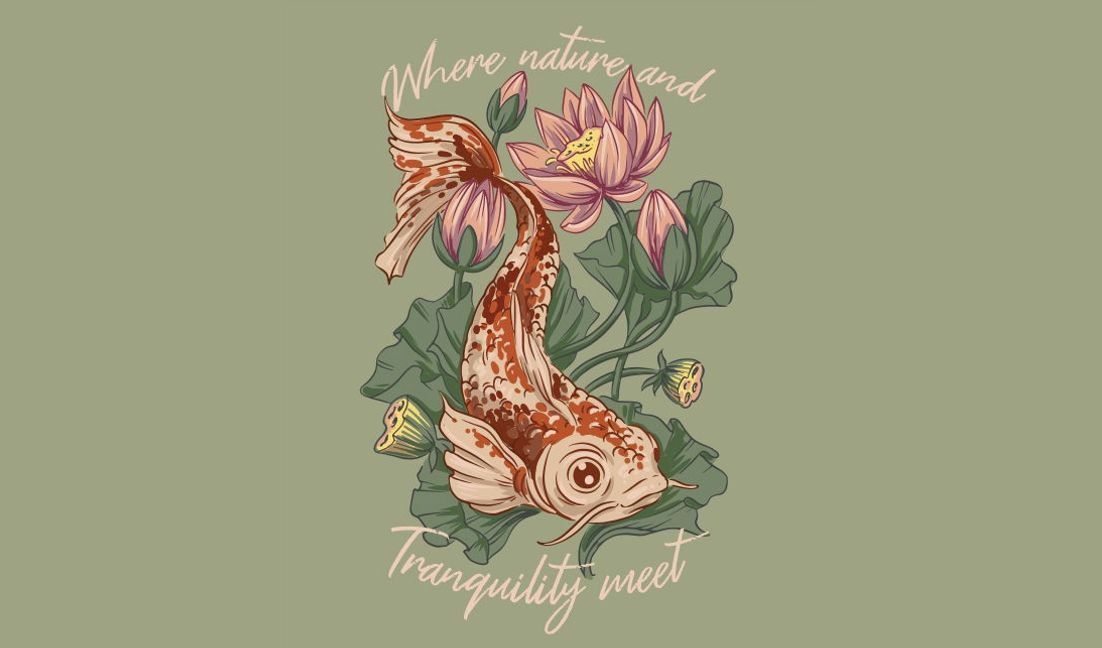 Modelo de design para camiseta Design sereno de carpa koi e flor de lótus