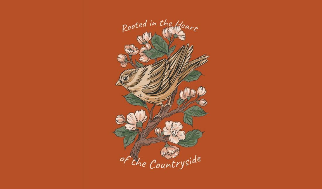 Charming bird and floral illustration with countryside quote t-shirt design template
