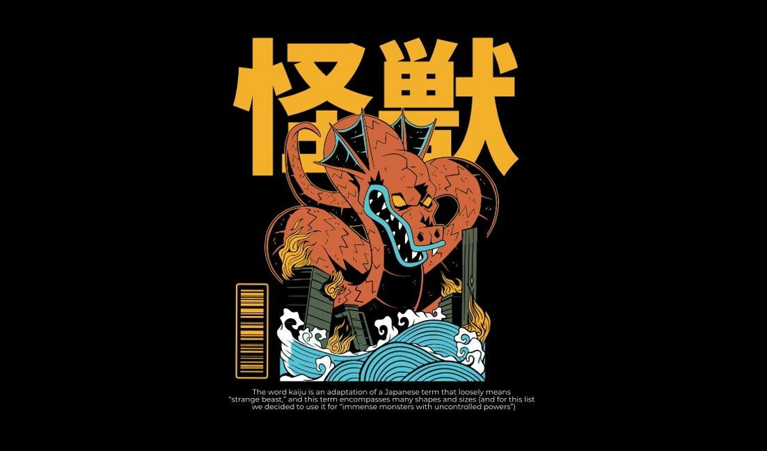 Dynamic kaiju monster illustration t-shirt design template