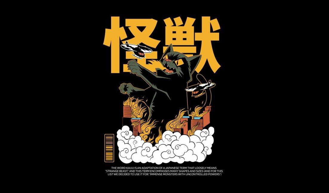 Dramatic kaiju cat illustration design t-shirt design template