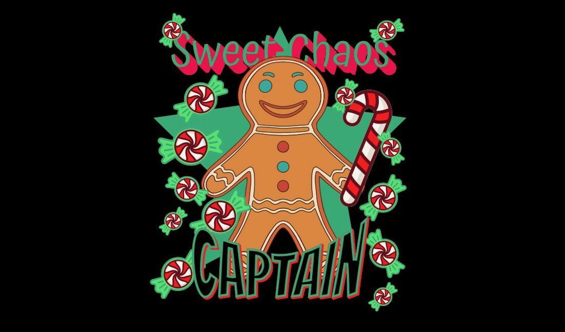Verspieltes Lebkuchenkapitän-Design mit süßem Chaos-Thema T-Shirt-Designvorlage