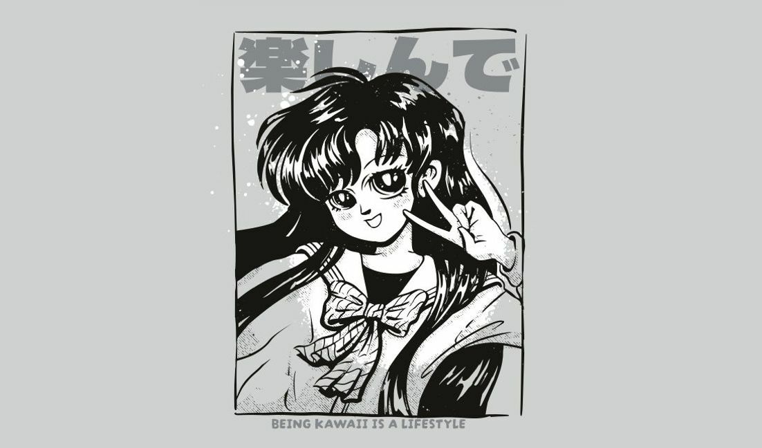 Plantilla de diseño para camiseta Ilustración inspirada en el manga kawaii con estética lúdica.