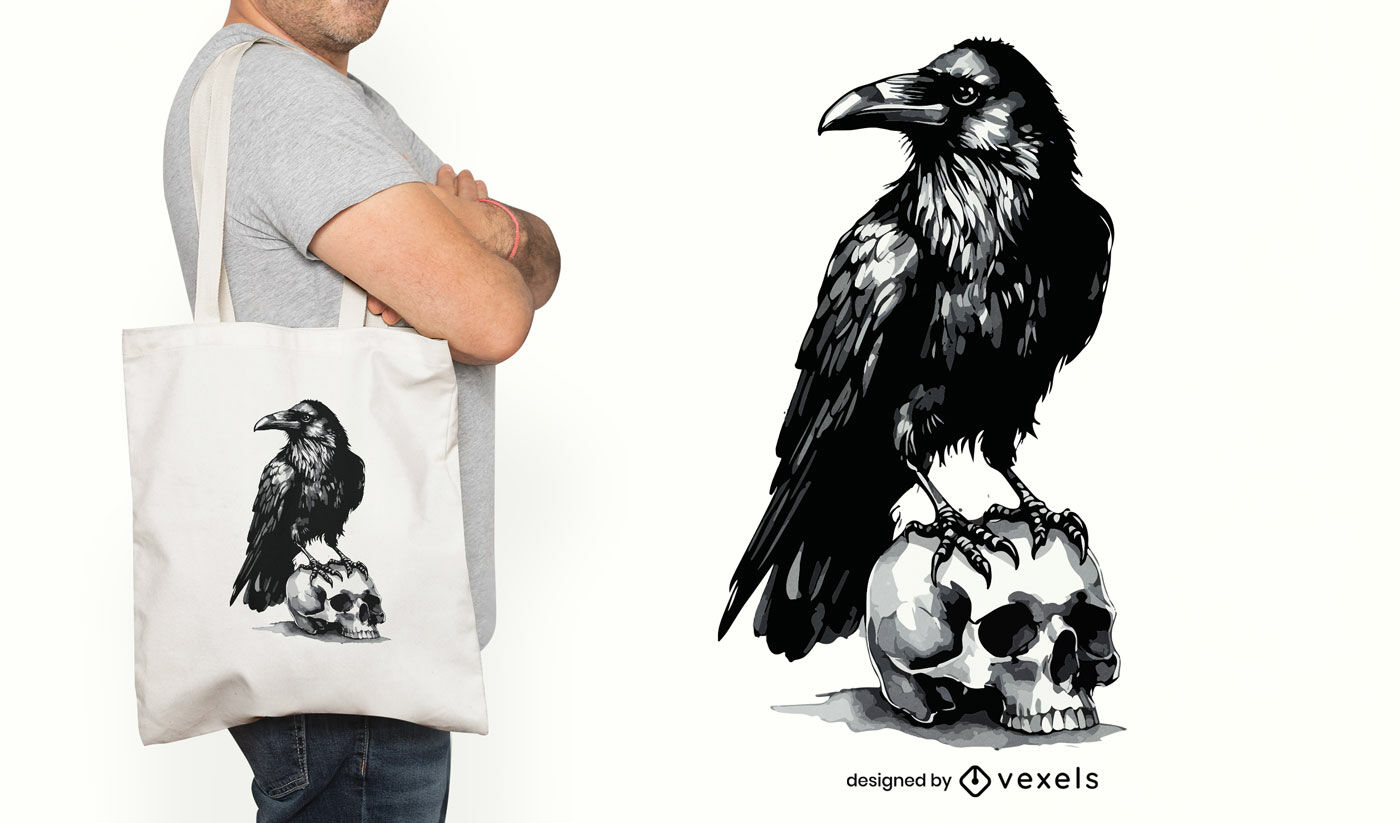 Bolsa de tecido com estampa de caveira de corvo