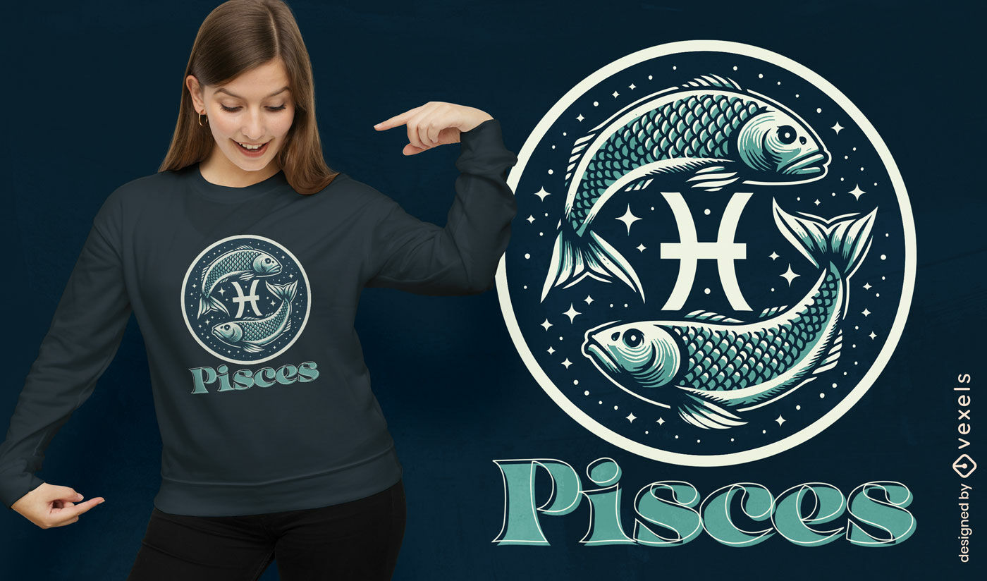 Monochromes T-Shirt-Design mit dem Sternzeichen Fische
