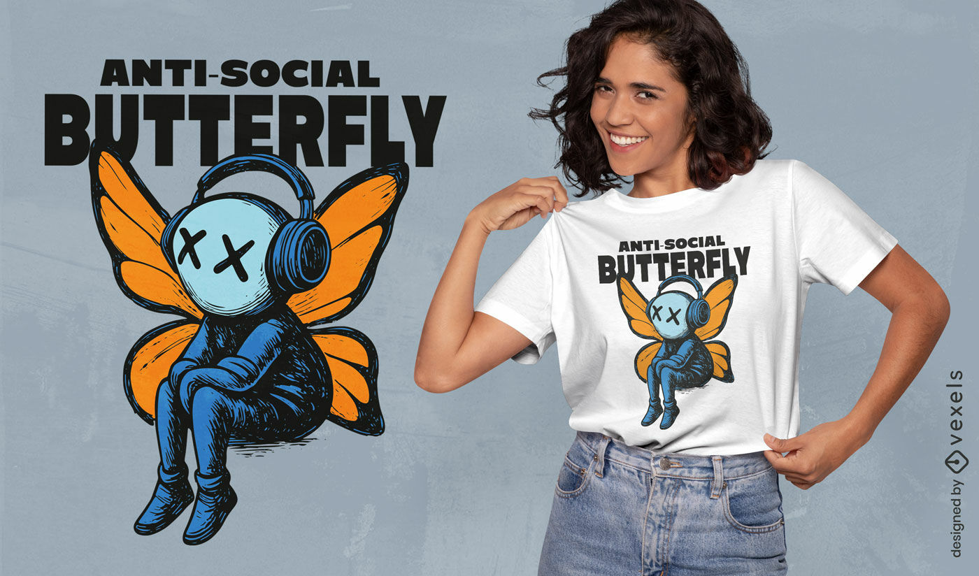 Antisozialer Schmetterling mit Kopfhörer-T-Shirt-Design