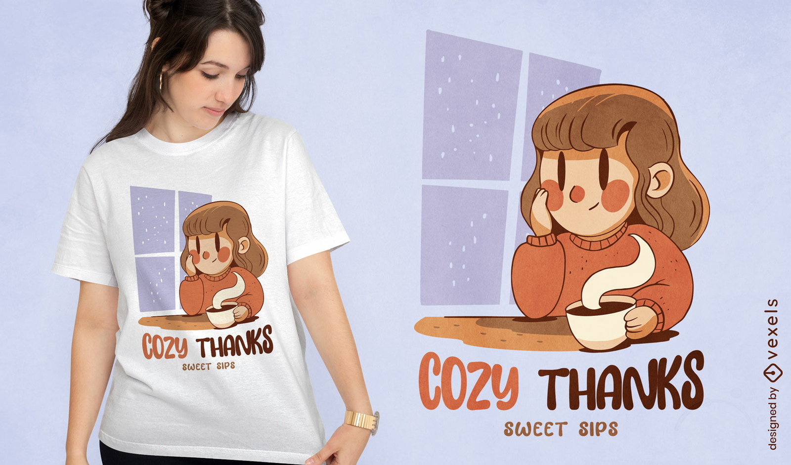 Diseño de camiseta de chica tomando café junto a la ventana