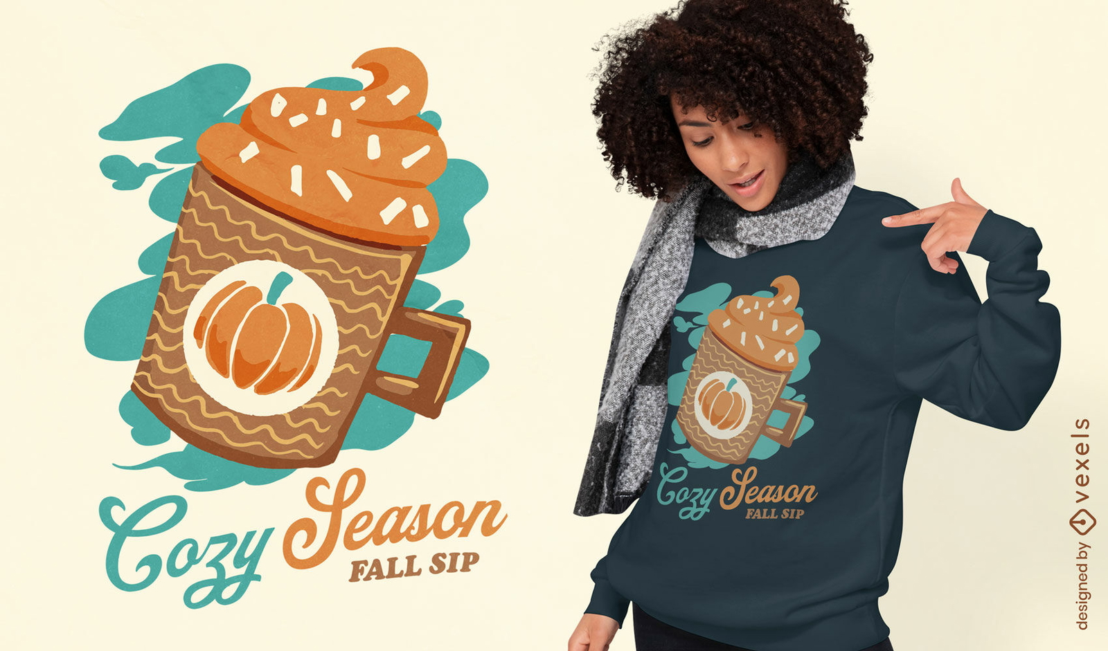 Diseño de camiseta con taza de café con leche de calabaza