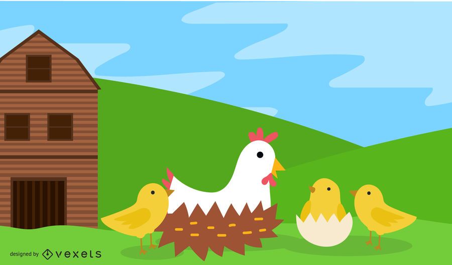 Farm with hen and chicks Farm with hen and chicks