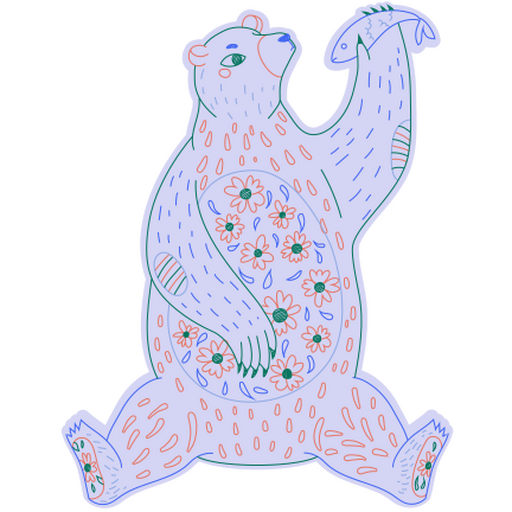Ilustración de oso juguetón con flores y peces. Diseño PNG