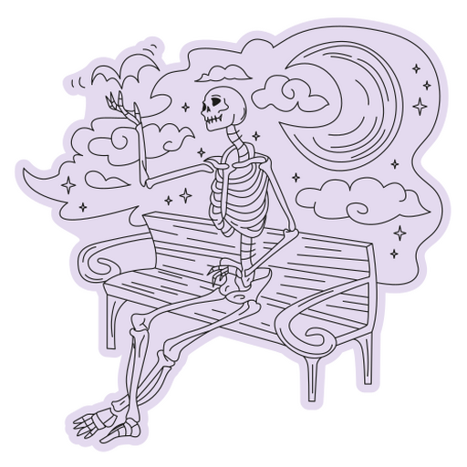 Ilustración de un esqueleto caprichoso sentado en un banco Diseño PNG