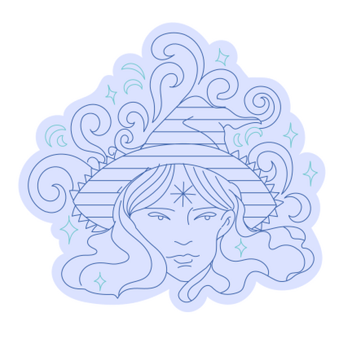 Ilustración encantadora de bruja con diseños en espiral. Diseño PNG