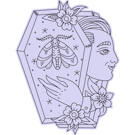 Elegante diseño de ataúd con polilla y flores. Diseño PNG