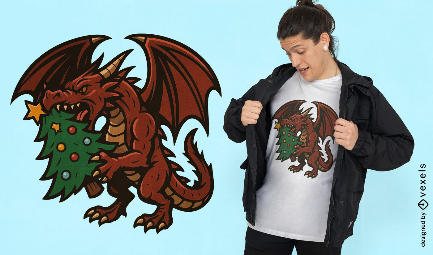  T-Shirt-Design mit Weihnachtsdrache und Baum