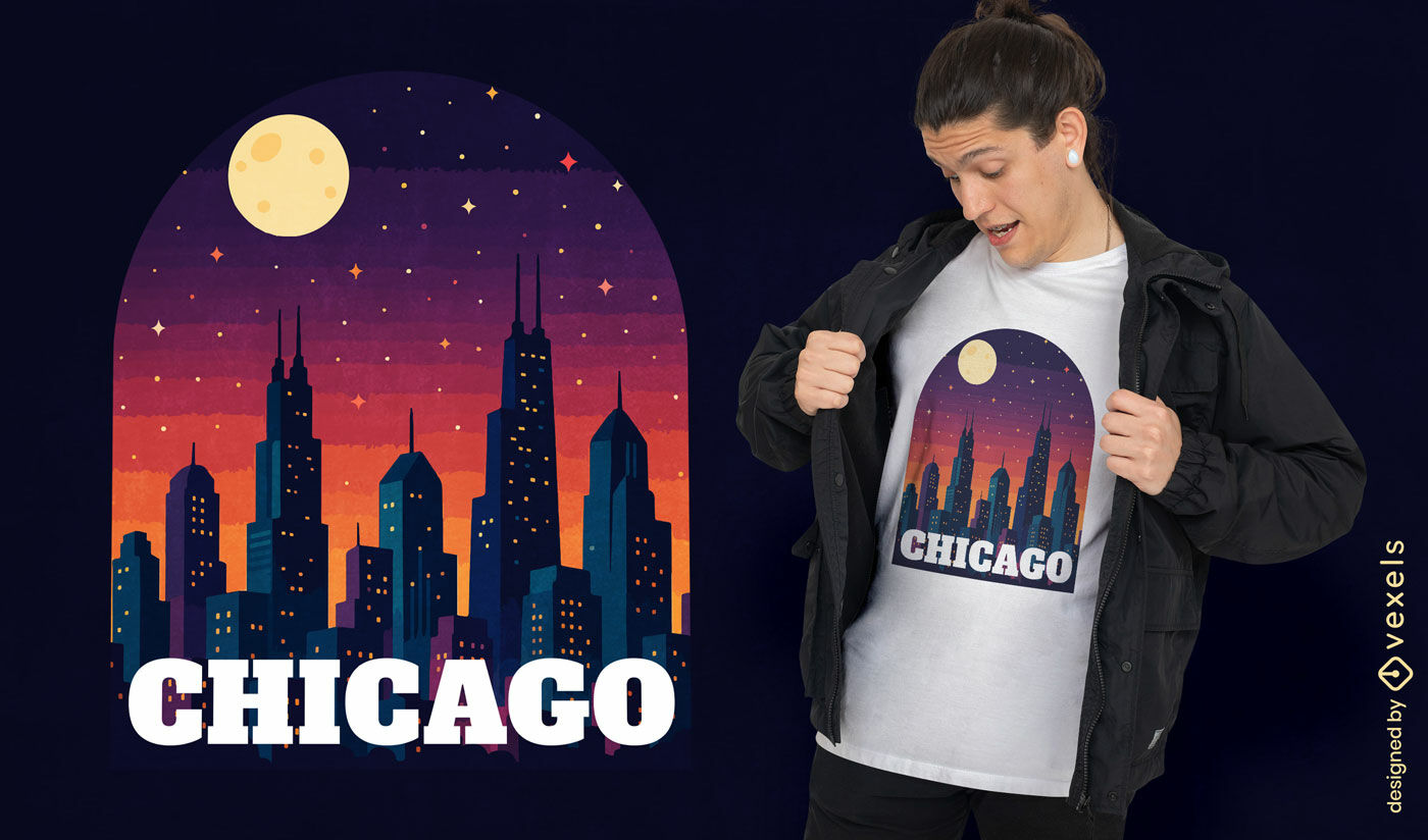 Design de camiseta com o horizonte noturno de Chicago