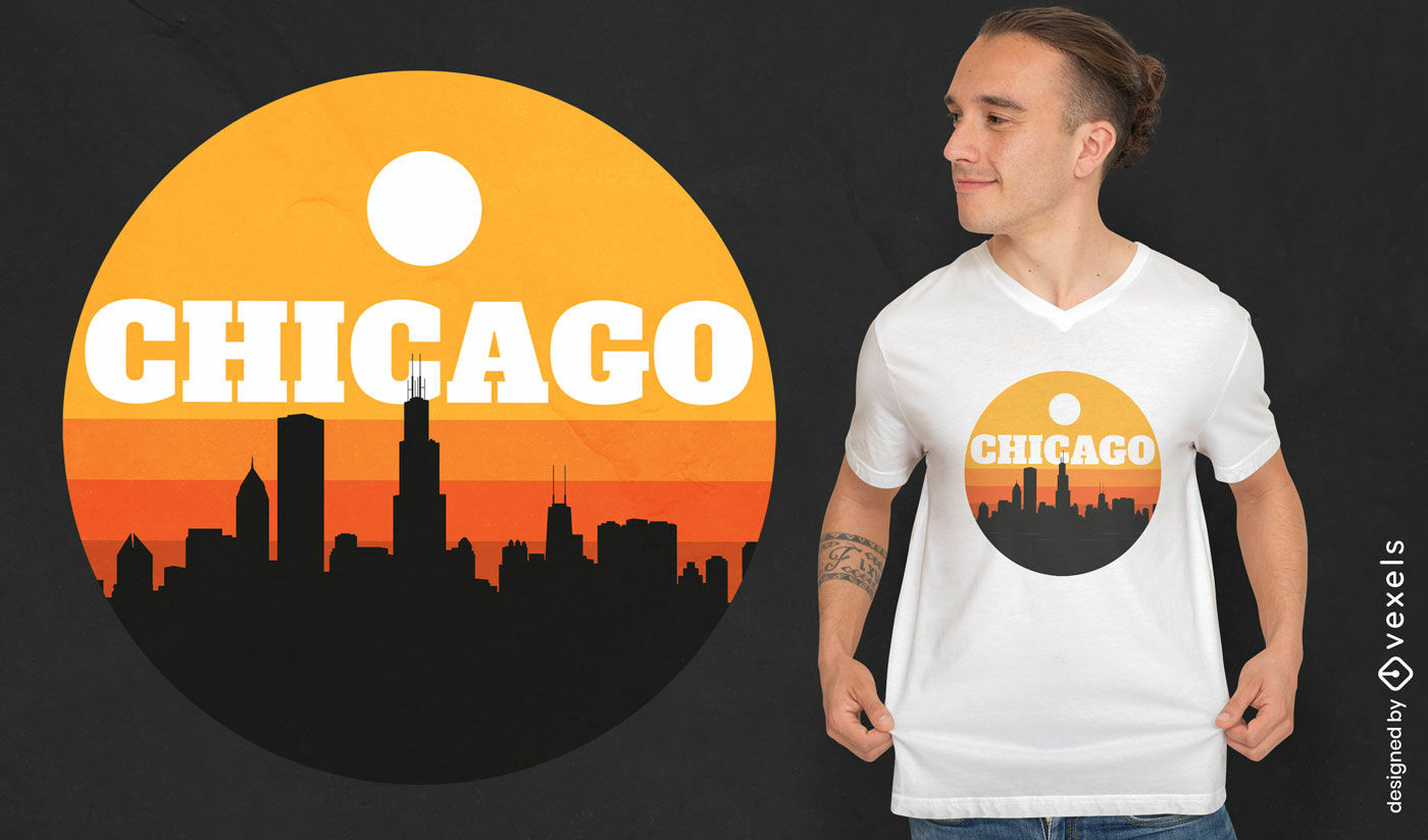 Design de camiseta com estampa do horizonte de Chicago ao pôr do sol
