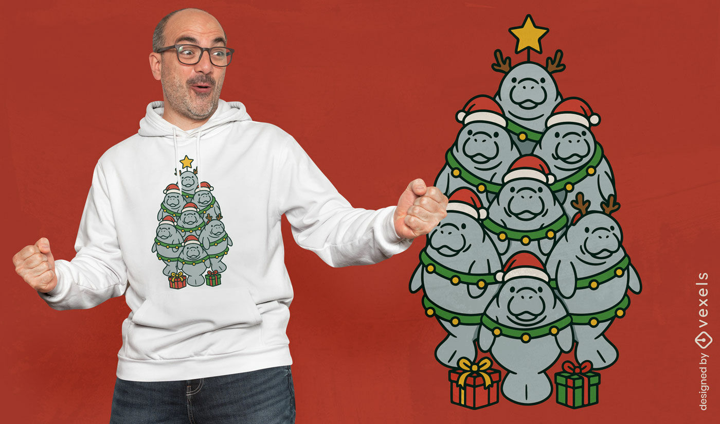 Diseño de camiseta de manatíes con árbol de Navidad