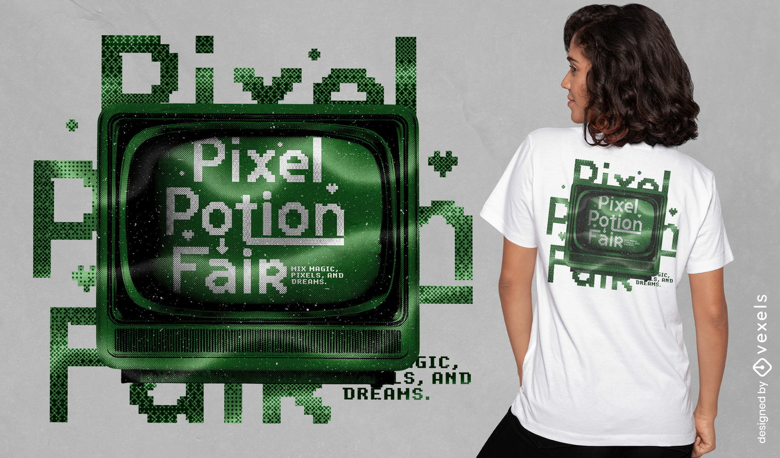 Diseño de camiseta psd de la feria de pociones de píxeles