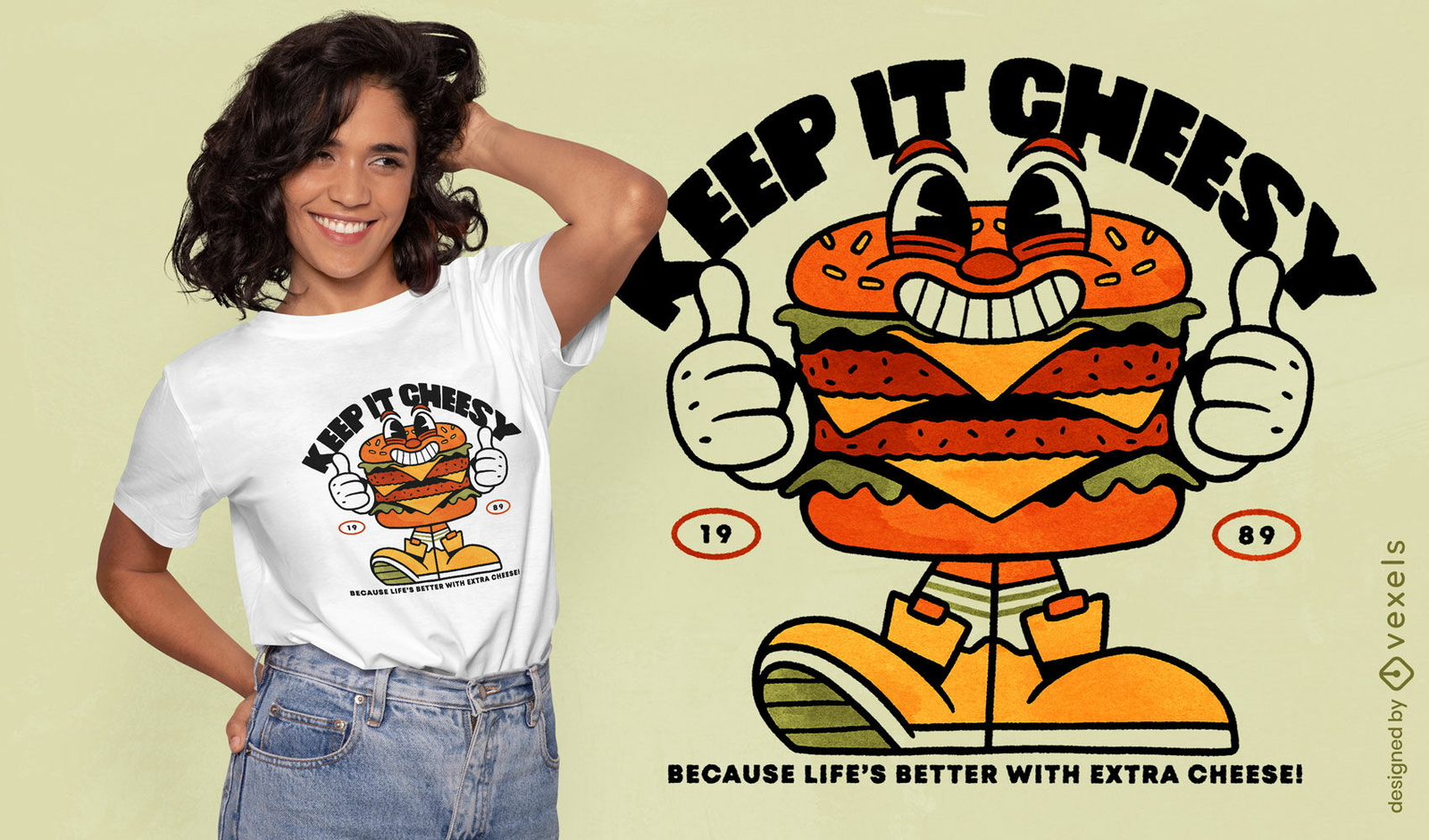 Diseño de camiseta de dibujos animados retro de hamburguesa con queso
