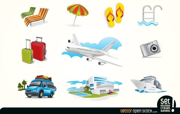 Ícones de elementos de viagens de férias