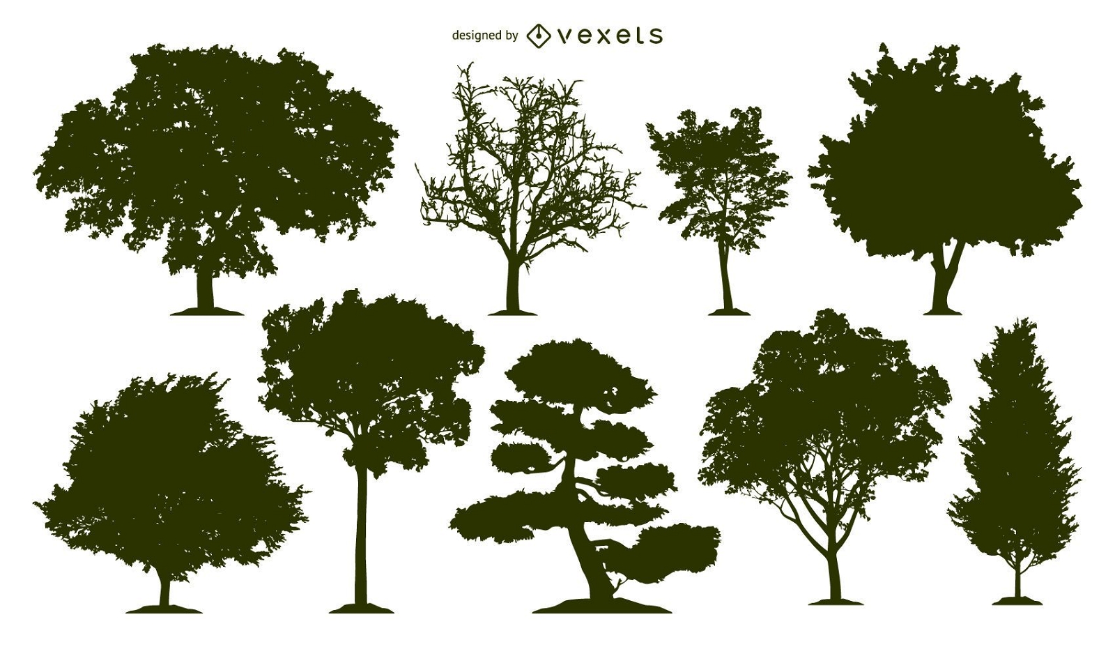 Conjunto de 9 silhuetas de árvores