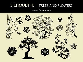 Árvores e flores da silhueta do vetor