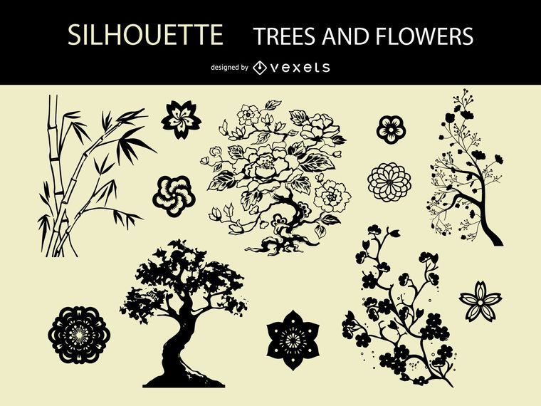 Vector Silhouette Trees and Flowers Vector Silhouette Trees and Flowers