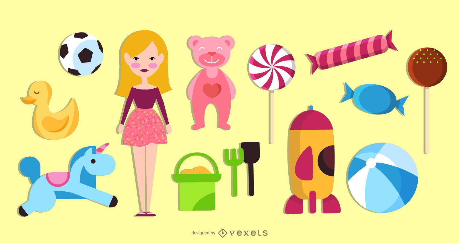  A variety of colorful objects for children, including a doll, a teddy bear, a soccer ball, a duck, a unicorn, a rocket, a beach ball, a shovel, a rake, a bucket, a lollipop, a candy cane, and a cupcake.