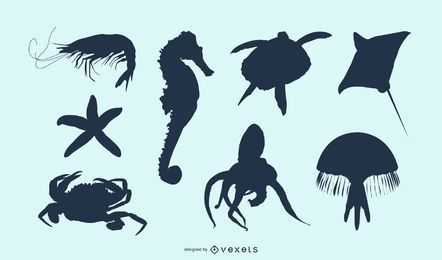 Conjunto de silhuetas de animais marinhos