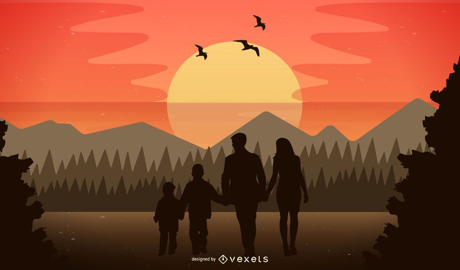 Evening Time Nature with Happy Family Evening Time Nature with Happy Family