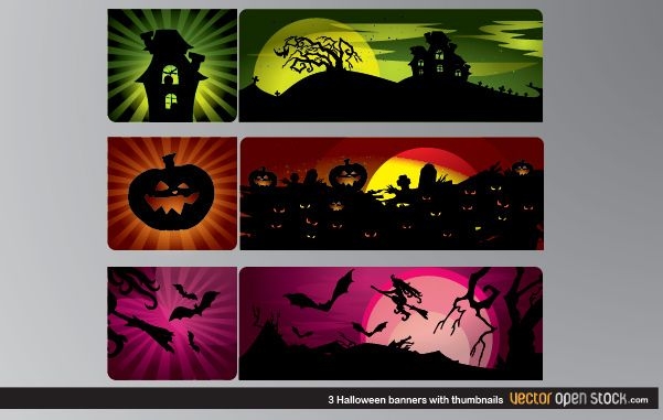 3 banners de Halloween com miniaturas