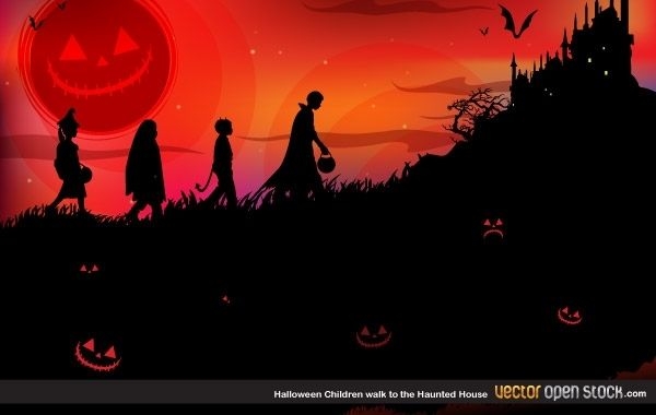 Halloween children walk to the Haunted house 