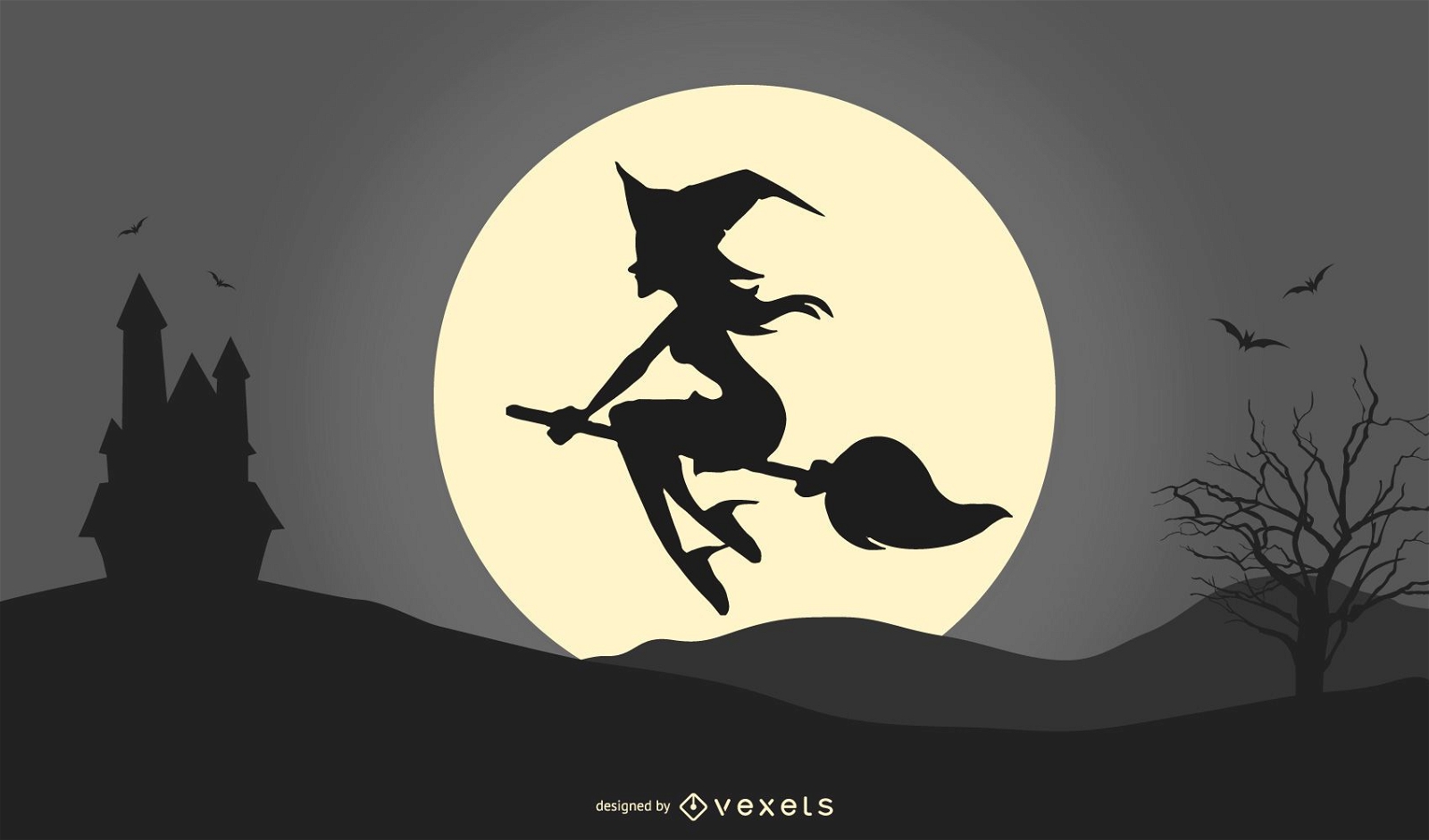 Ilustración de silueta de niña bruja de Halloween