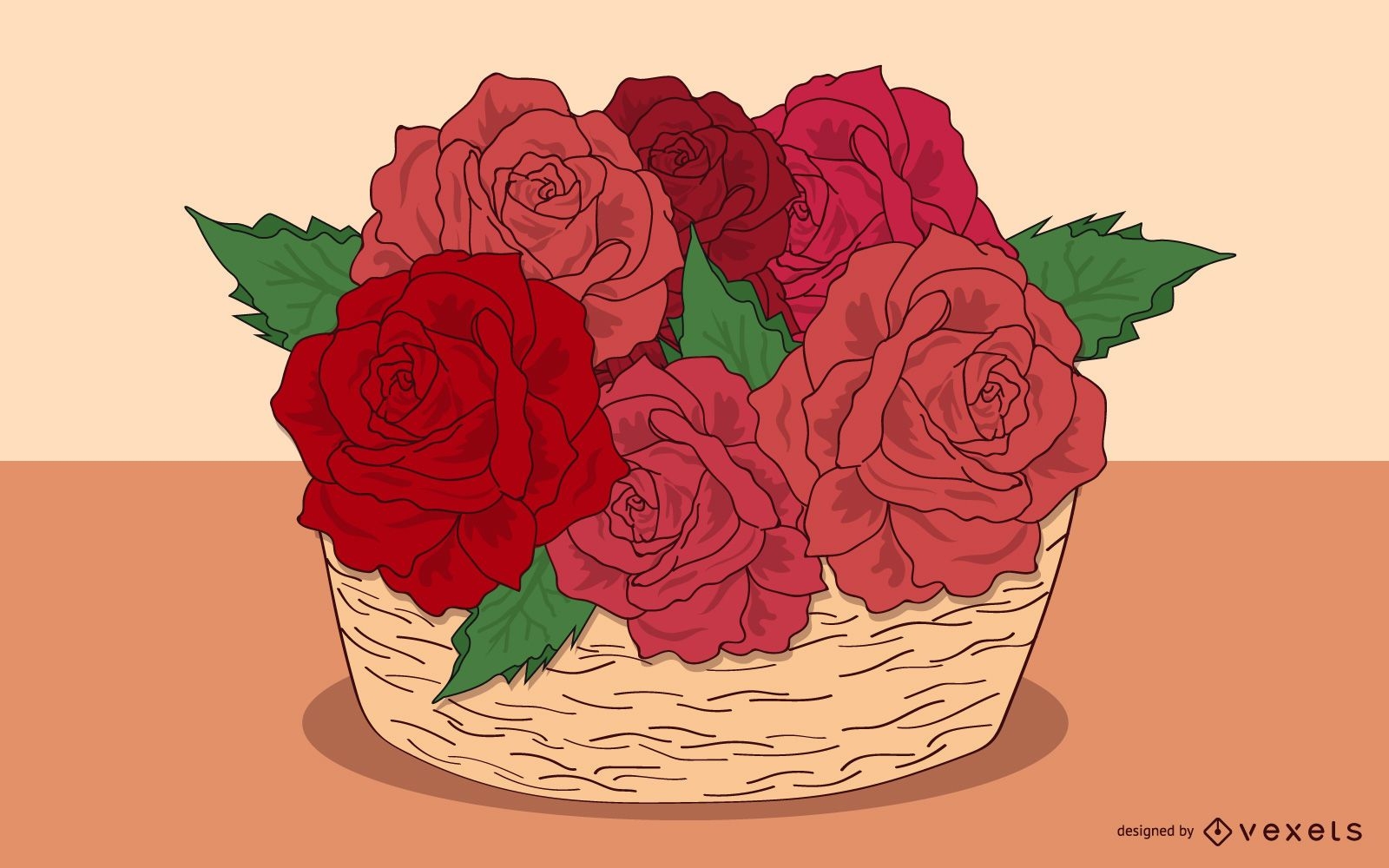 Mano dibujada ramo de rosas en canasta