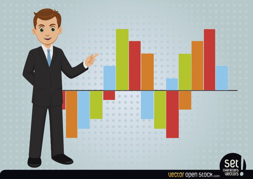 Joven empresario mostrando gráfico de barras